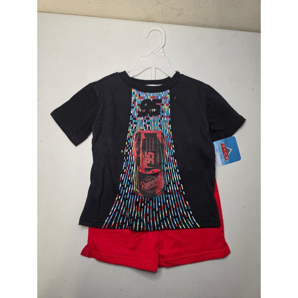 Disney Pixar Cars Lightning McQueen T-Shirt and Shorts Set Kids 4T Black Red NEW